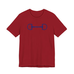 Red stylish equestrian graphic t-shirt with navy blue horse bit design on the front, made from soft cotton with a ribbed collar.