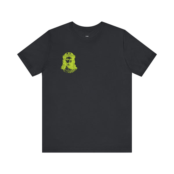 Black t-shirt with a mini lime green Jesus graphic on the front left chest.