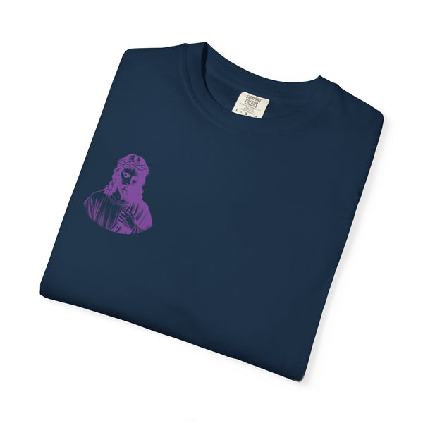 Purple Jumbo Jesus Back Print Tee with Purple Mini Jesus Front Left Graphic Tee - Iconic by Sandra Oles