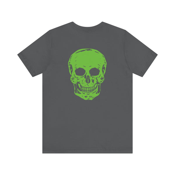 Green Jumbo Skull Back Print with Green Mini Skull Left Front Graphic Tee - Fugitive by Sandra Oles