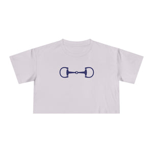 Cropped navy blue horse bit graphic tee in relaxed fit cotton, embodying ivy league style and equestrian elegance.