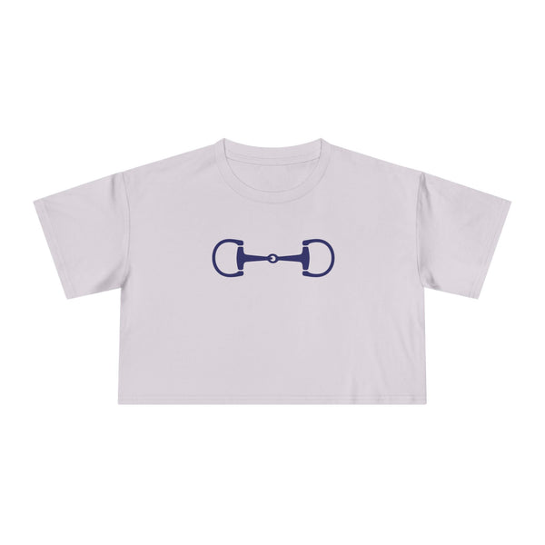 Cropped navy blue horse bit graphic tee in relaxed fit cotton, embodying ivy league style and equestrian elegance.