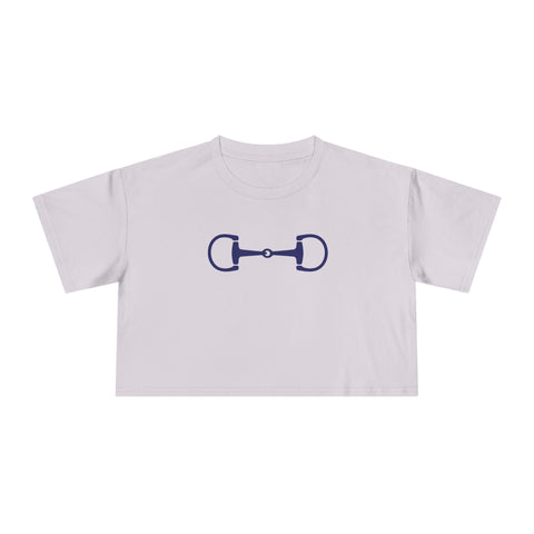 Cropped navy blue horse bit graphic tee in relaxed fit cotton, embodying ivy league style and equestrian elegance.