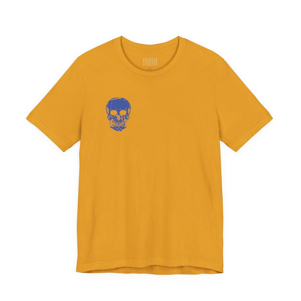 Mustard yellow graphic tee shirts featuring a small blue skull print on the front left chest.