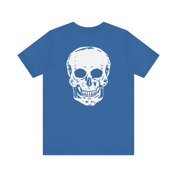 Blue graphic tee with large white skull back print and small front skull design