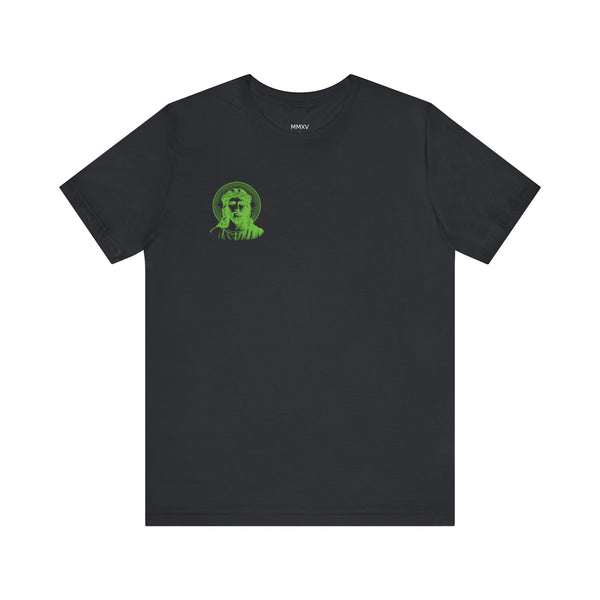 Green Mini Jesus With Halo Left Front Print Graphic Tee - Iconic by Sandra Oles