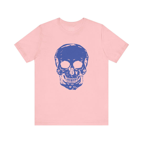 Pink skull tee with a large blue skull graphic on the front, made of soft cotton for bold streetwear style.