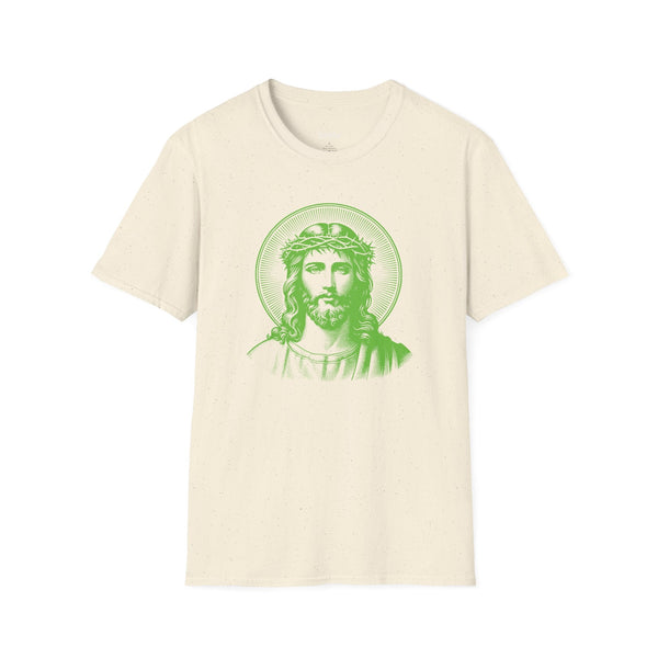 Unisex cream spiritual shirt with green halo Jesus graphic print on front