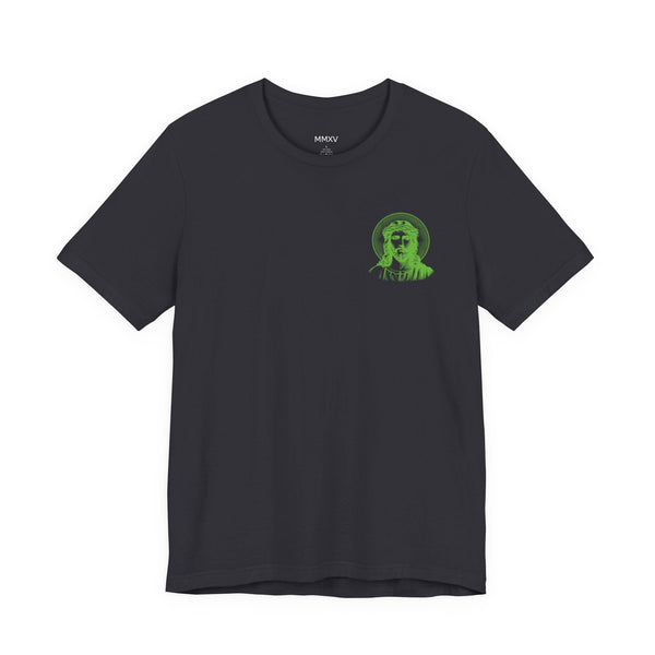 Black tee with green mini Jesus and halo graphic on left chest, unisex cotton shirt