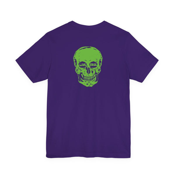 Purple streetwear t-shirt with bold green "Live Free" skull graphic on the back