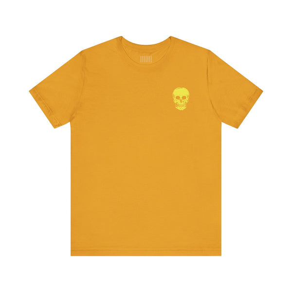 Yellow streetwear tee shirt with small left chest skull graphic and classic unisex cotton cut