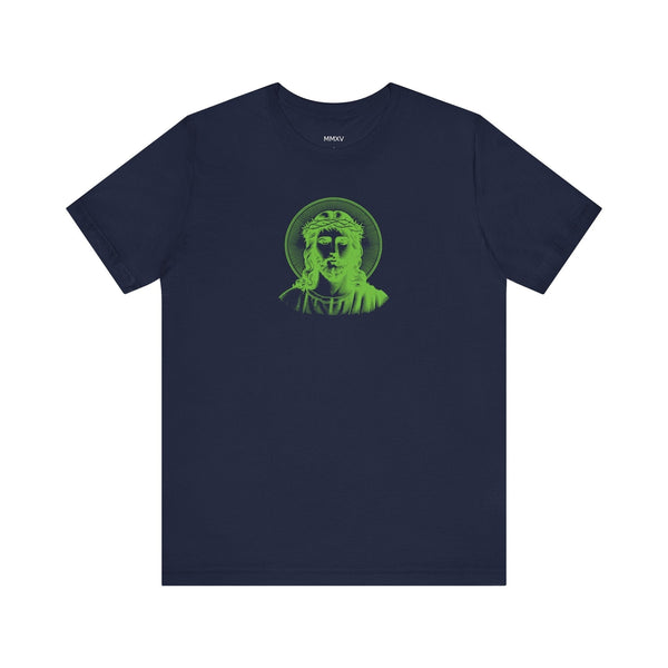 Green Mid-Scale Jesus with Halo Front Print Graphic Tee - Iconic by Sandra Oles