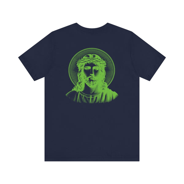 Black Jesus graphic tee featuring jumbo green halo Jesus back graphic, bold spiritual streetwear