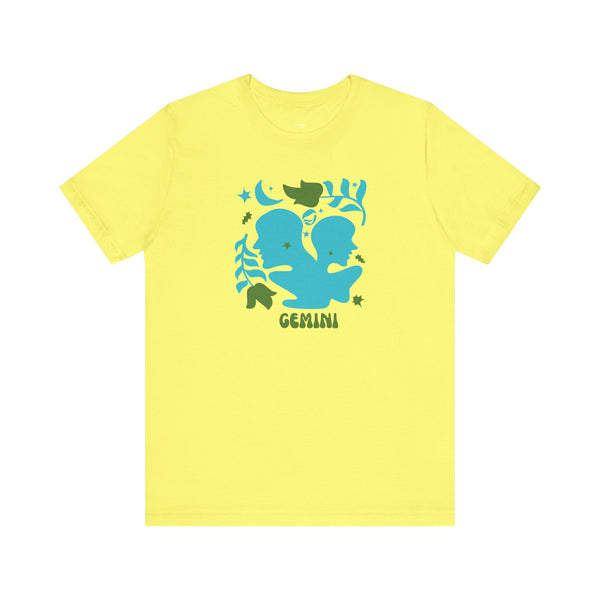 Yellow retro Gemini zodiac t shirt with blue twin graphic and celestial elements in vintage style