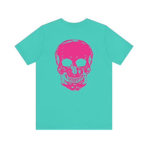 turquoise punk rock tee with large hot pink skull graphic on back and mini skull on front chest