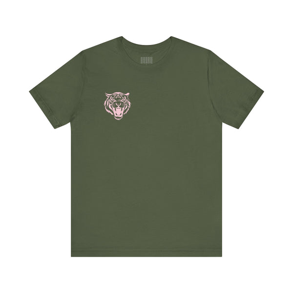 Pastel pink roaring tiger graphic on front left of retro green mini tee from Fugitive Tees collection