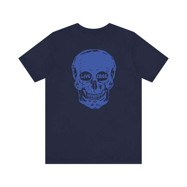 Navy streetwear t-shirt with oversized blue skull back print featuring "Live Free" text in the eye sockets