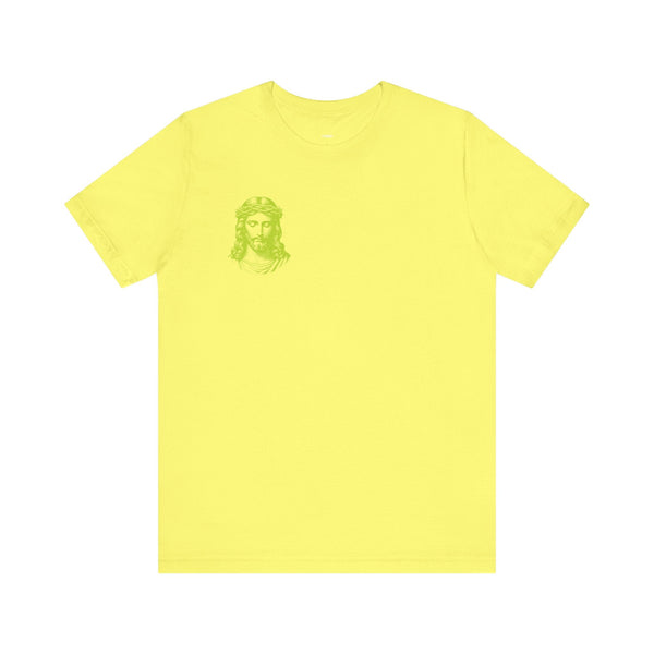 Lime green unisex t-shirt with small Jesus graphic on front left chest and jumbo Jesus back print design.