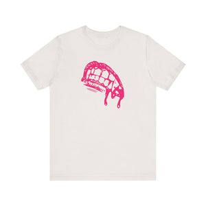 White vampire t-shirt with pink vampire fang graphic, lightweight cotton, crew neck, gothic style.