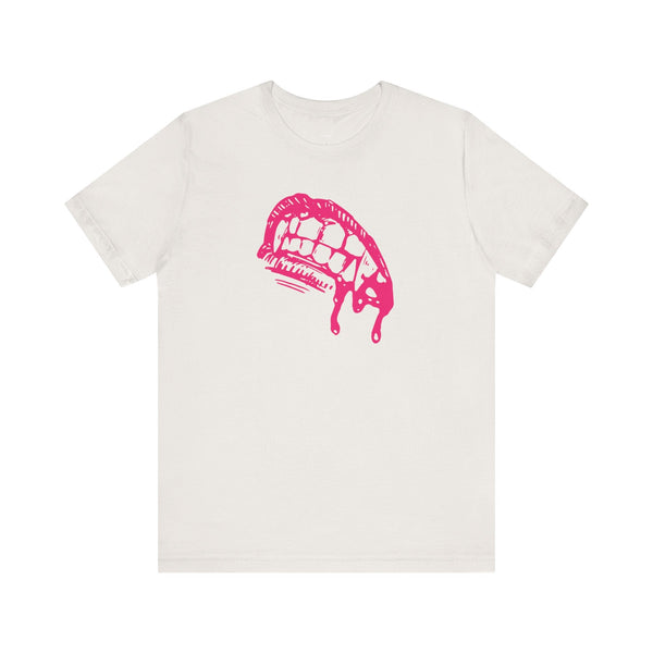White vampire t-shirt with pink vampire fang graphic, lightweight cotton, crew neck, gothic style.