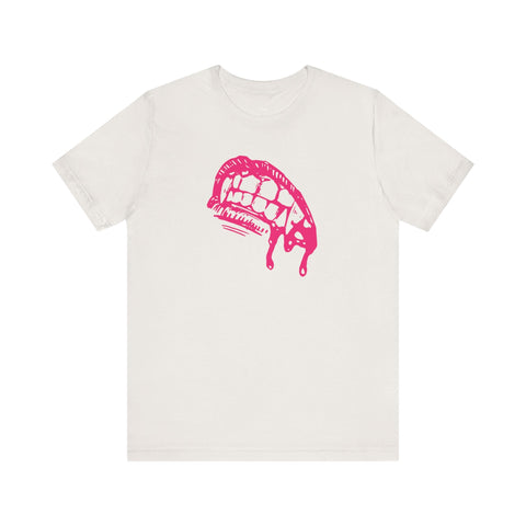 White vampire t-shirt with pink vampire fang graphic, lightweight cotton, crew neck, gothic style.