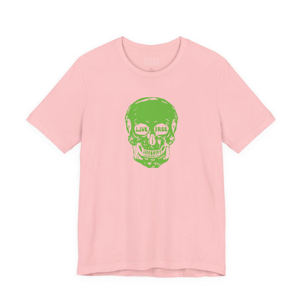 Pink graphic t-shirt featuring a green skull print with "Live Free" text on the eyes, made from soft cotton.