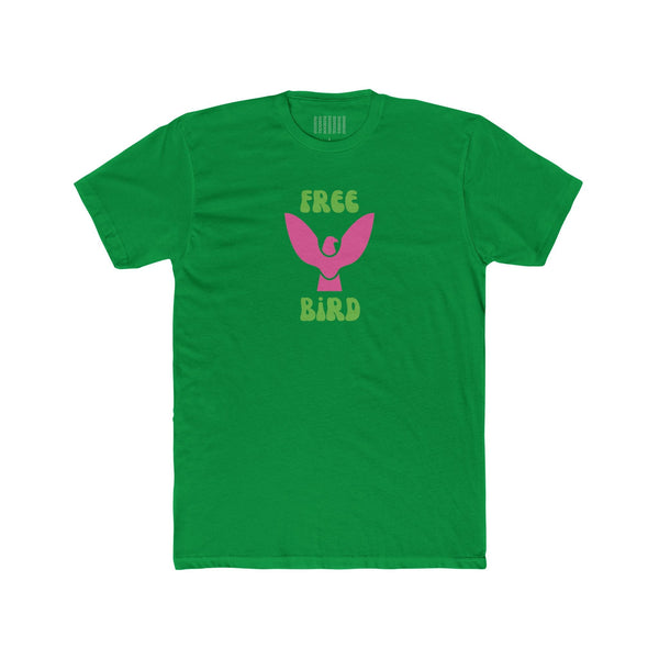 Green Free Bird graphic tee with neon pink bird and retro bubble lettering design