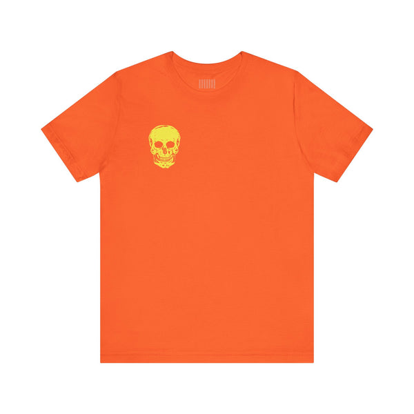 Orange streetwear tee shirt with yellow mini skull graphic on left chest, made of breathable cotton.