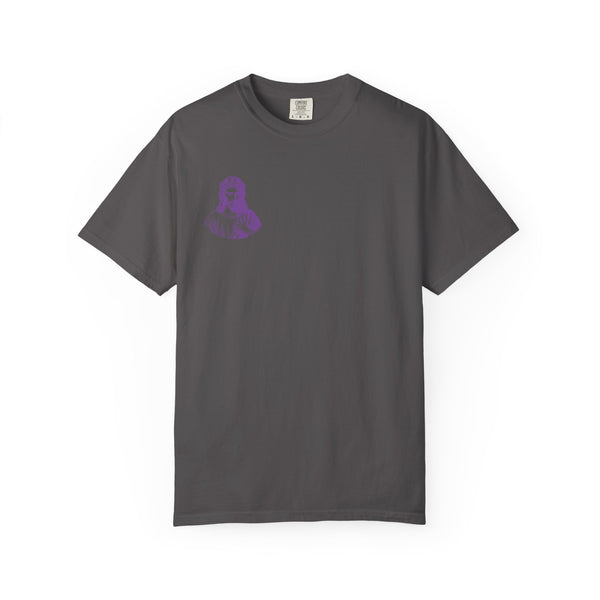 Purple Jumbo Jesus Back Print Tee with Purple Mini Jesus Front Left Graphic Tee - Iconic by Sandra Oles