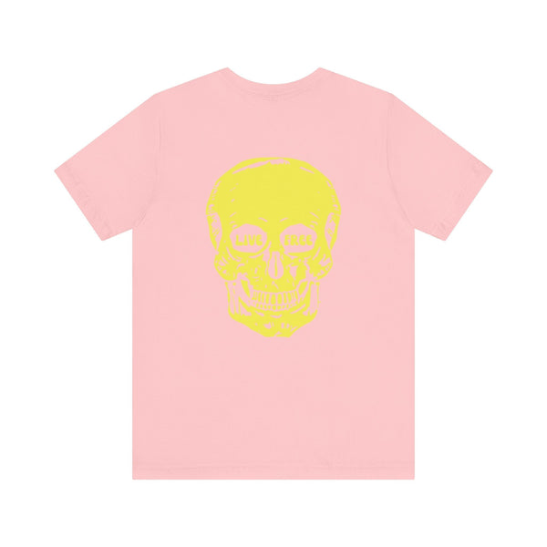 Pink indie style t-shirt with jumbo yellow skull and "LIVE FREE" text back print