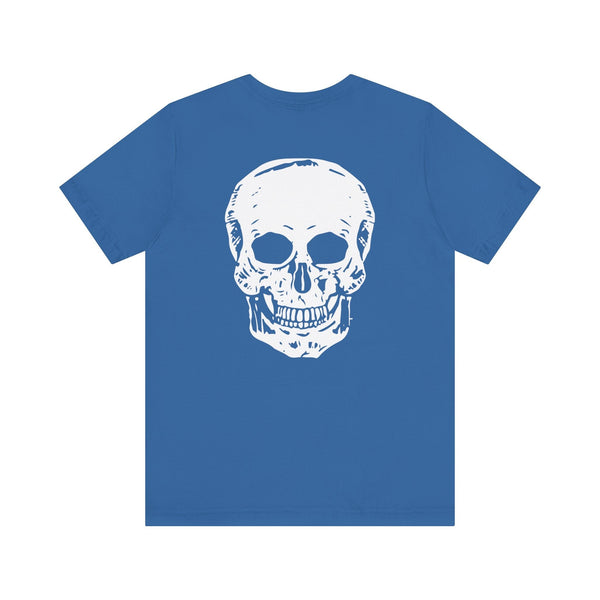 Blue cotton t-shirt with large white skull graphic on the back and a mini skull front print
