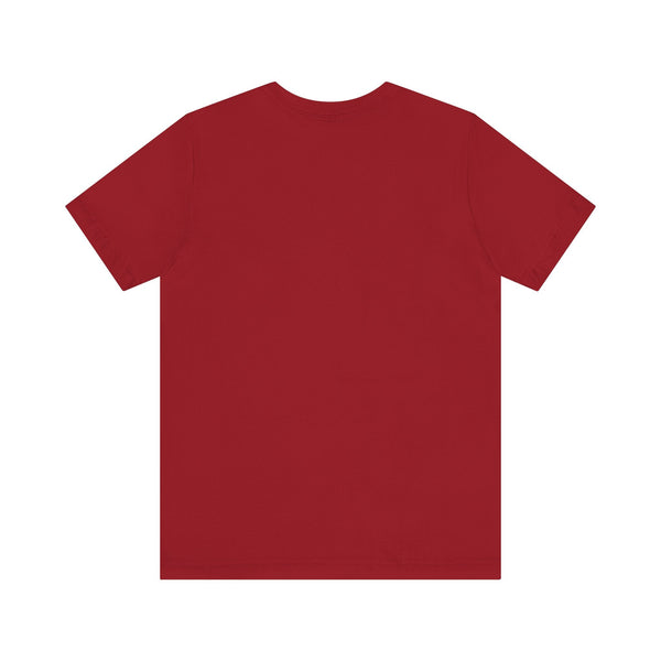 Back view of plain red graphic t shirt with short sleeves and crew neck