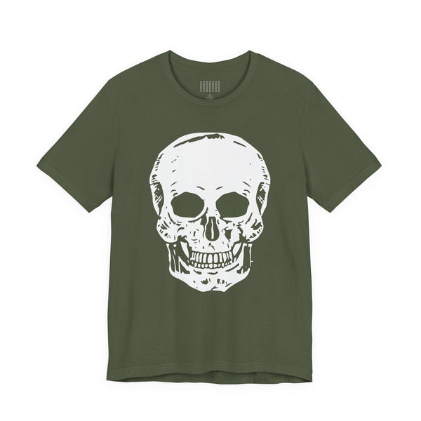 Olive green t-shirt featuring a large white skull graphic on the front for bold streetwear style