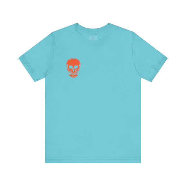 Orange Jumbo Skull Back Print featuring a Mini Orange Skull left Front Graphic Tee