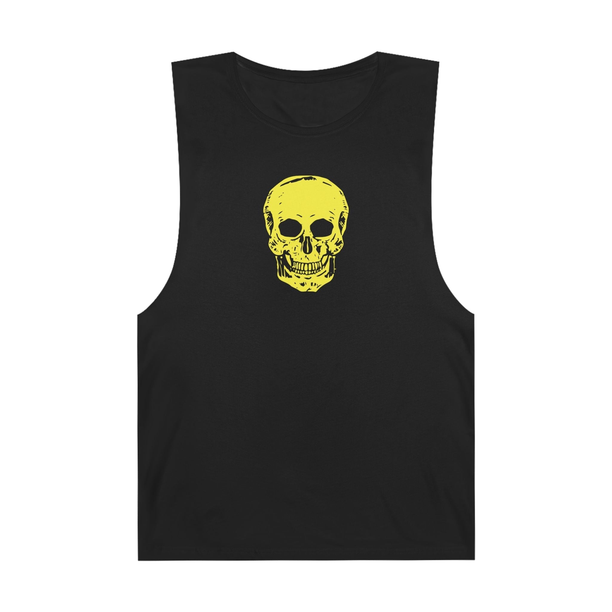 Black festival tank top with bold yellow skull graphic on front for streetwear style