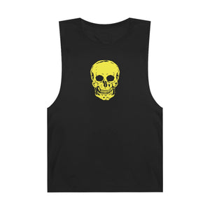 Black festival tank top with bold yellow skull graphic on front for streetwear style