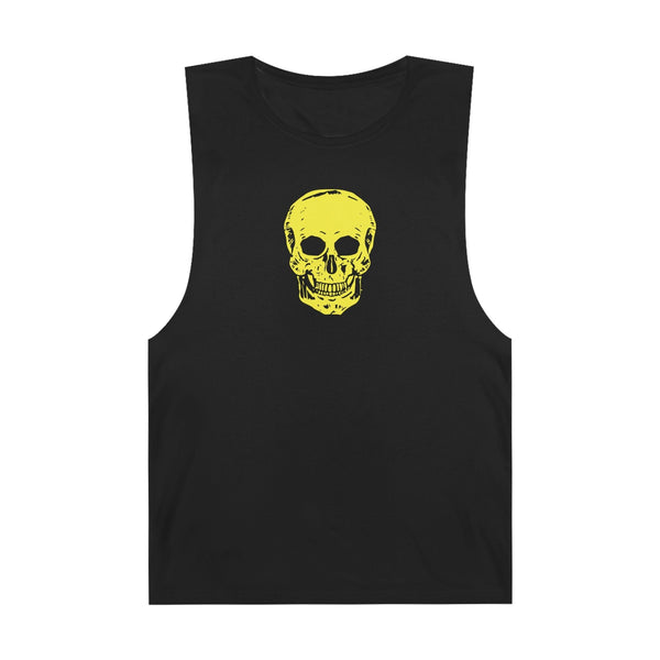 Black festival tank top with bold yellow skull graphic on front for streetwear style
