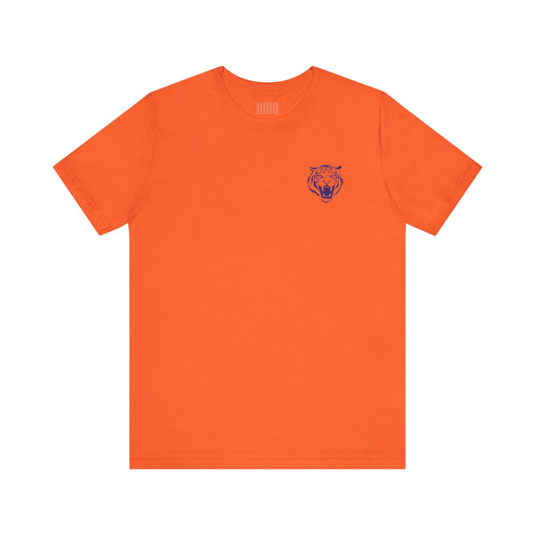 Orange retro graphic tee with mini roaring tiger head left front print