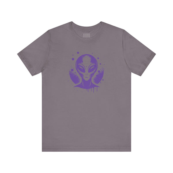 Purple alien t shirt graphic on gray t-shirt with 1980s sci-fi poster style design