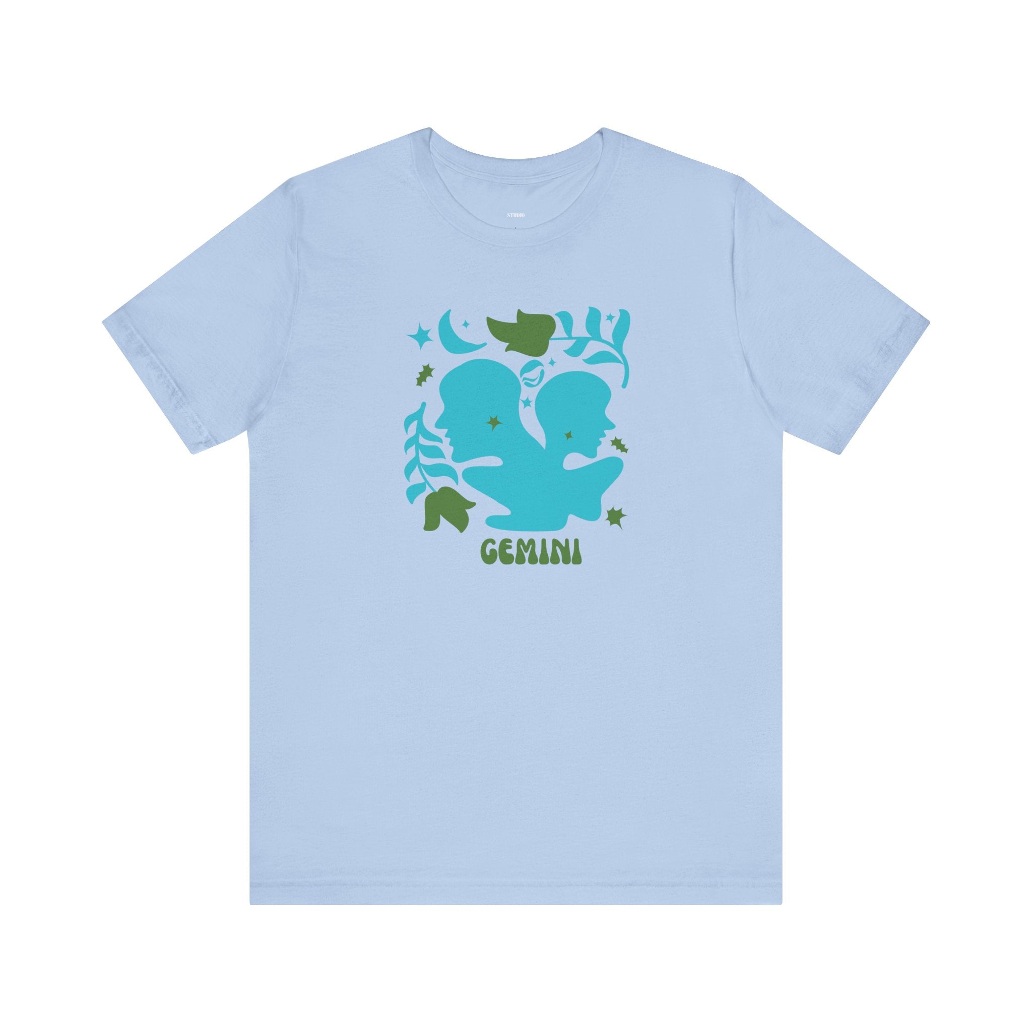 Light blue zodiac t shirt with retro Gemini twin graphic and astrology symbols design