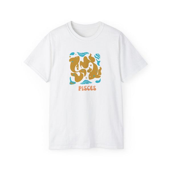 White Pisces t shirt featuring artistic zodiac fish graphic with blue and brown tones, made of soft breathable cotton.