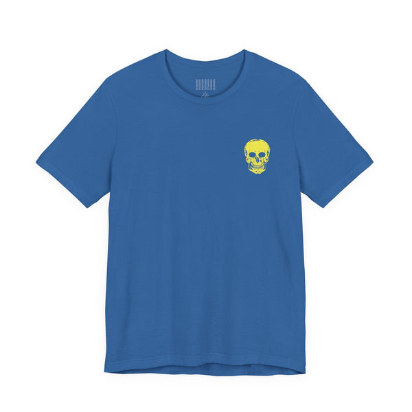 Blue underground style t-shirt with mini yellow skull chest print and jumbo yellow skull back graphic