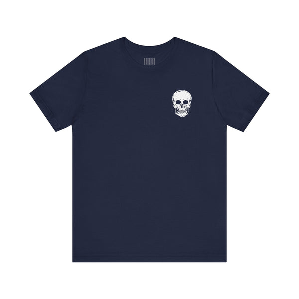 navy graphic tee with white mini skull on front and jumbo skull graphic back print