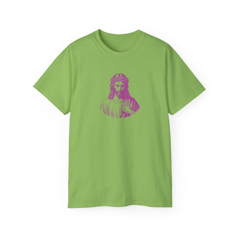 Green Jesus T-shirt with magenta graphic print of Jesus, mid-scale design, streetwear style