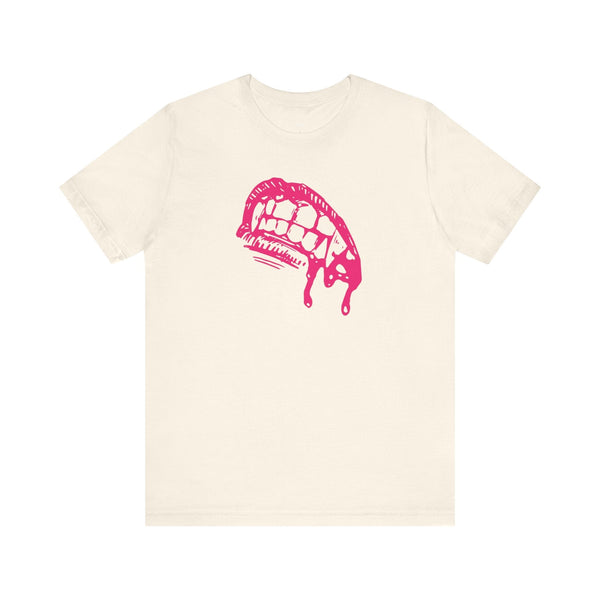 Pink vampire fang graphic tee with dripping blood design on lightweight cotton vampire t shirt
