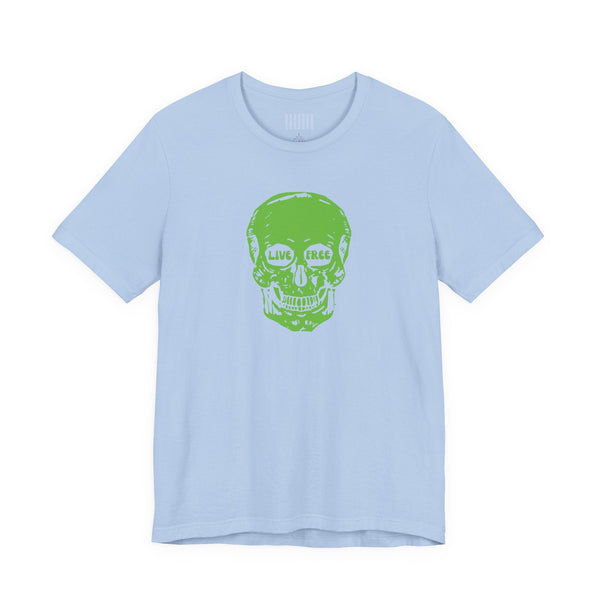 light blue t-shirt with green live free skull print graphic design skull print t-shirt
