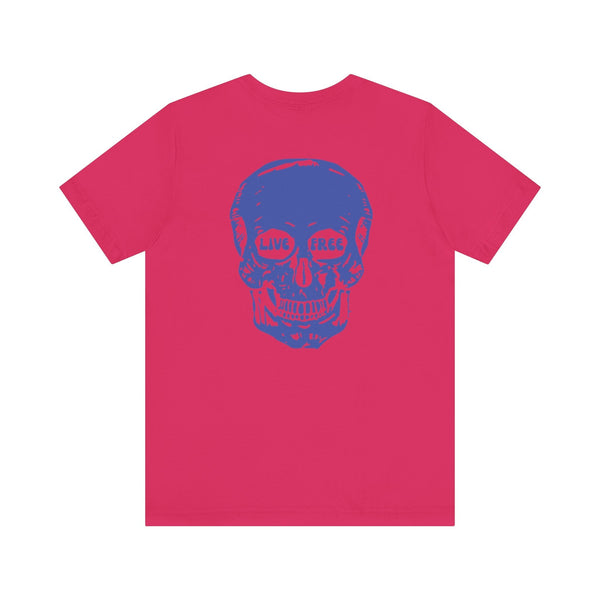 Pink streetwear t-shirt with jumbo blue skull back print featuring "Live Free" text in the eyes.