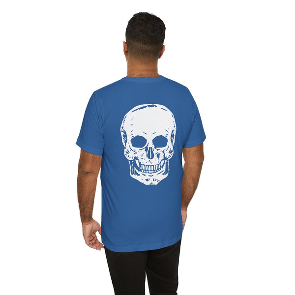 Blue skull graphic t-shirt with jumbo white skull print on back, short sleeves, worn by man
