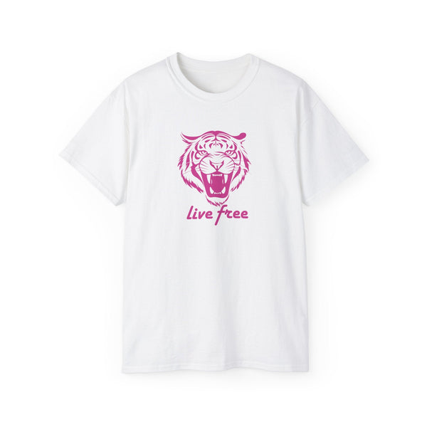 Pink “Live Free” Jumbo Retro Roaring Tiger Head Graphic Tee - Fugitive by Sandra Oles