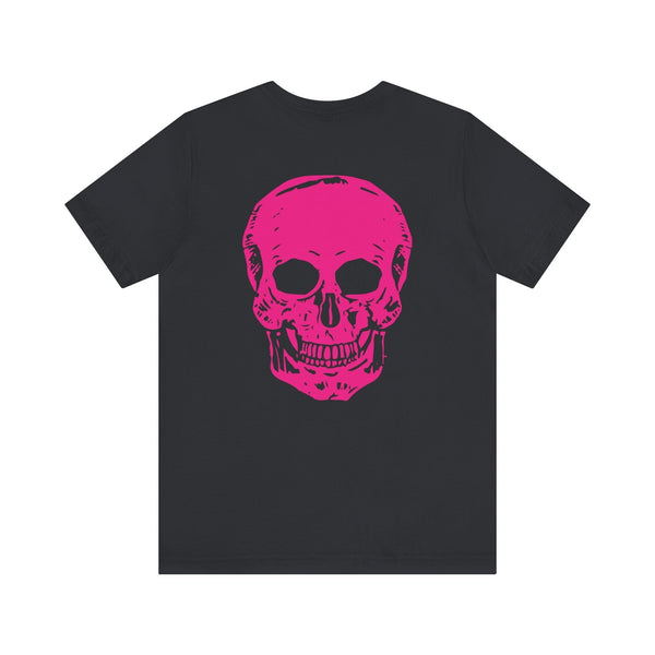 Black punk rock t-shirt with bold pink skull graphic on the back